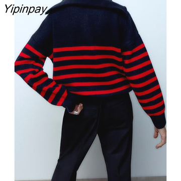Yipinpay Women Zip-up Striped Knitted Sweater 2023 Autumn Turtleneck Long Sleeve Coats Female Pullovers Fashion Loose Chic Tops